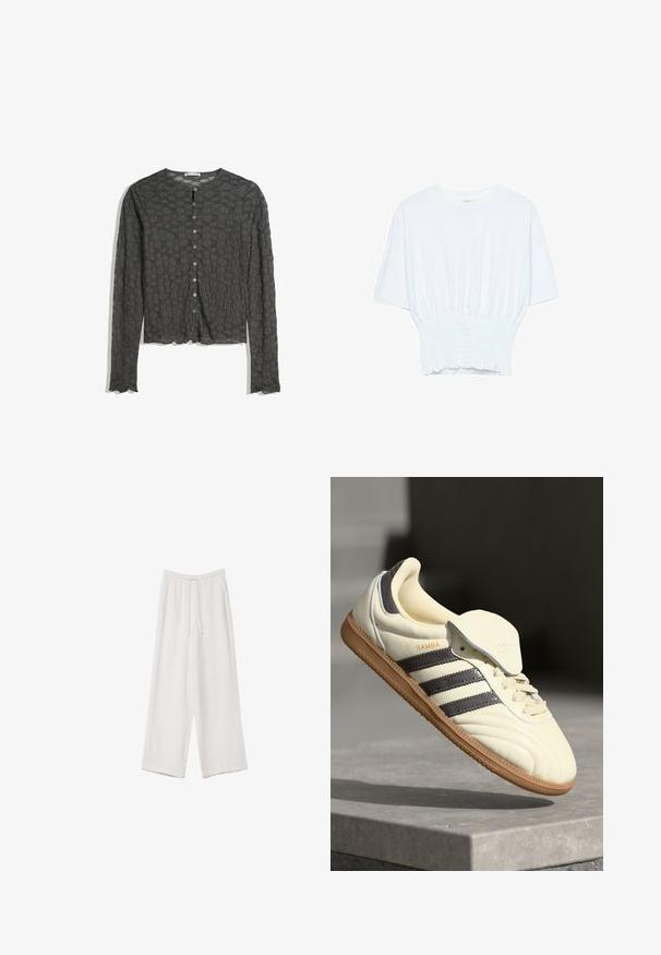 Dunkelgraue langärmlige Strickjacke mit Knopfleiste, floralem Muster und gewellten Kanten an den Ärmeln und dem Saum.; Weißes T-Shirt mit kurzen Ärmeln, lockerer Passform und gerafftem Stoff an der Taille. Aus weichem, leichtem Material gefertigt.; Weiße weit geschnittene Hose aus leichtem Stoff. Mit einem elastischen Bund und Kordelzug sowie Seitentaschen. Glatte Textur.; Cremfarbene Ledersneaker mit drei dunklen Streifen, einer braunen Gummisohle und einer abgerundeten Zehenpartie. Hat eine faltbare Zunge, die mit "SAMBA" beschriftet ist.