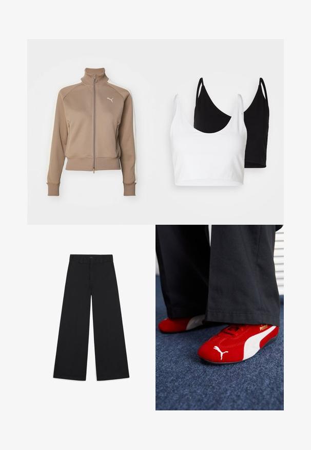 Braune Zip-Jacke mit hohem Kragen, cremfarbenen Seitenpaneelen sowie gerippten Bündchen und Saum. Mit einem Logo auf der linken Brustseite.; Zwei Baumwoll-Crop-Tops in Weiß und Schwarz. Jedes hat einen tiefen Ausschnitt und dünne Träger und verfügt über eine glatte, weiche Textur.; Schwarze, weit geschnittene Hosen aus einem weichen, gewebten Stoff. Mit Bügelfalten, Gürtelschlaufen und einem sauberen, maßgeschneiderten Finish.; Rote Wildledersneaker mit weißen Akzenten, aus strukturiertem Material, mit runder Zehenpartie und einem goldenen Logo an der Seite, getragen mit schwarzen Hosen.
