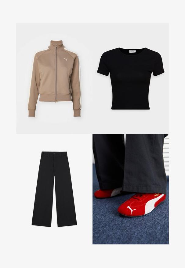 Bruine zip-up trainingsjack met een hoge kraag, crème zijpanelen en ribgebreide manchetten en zoom. Heeft een logo op de linkerkant van de borst.; Zwarte korte mouwen t-shirt van gladde katoenstof, met een ronde hals en een getailleerd ontwerp. Minimalistisch zonder zichtbare patronen.; Zwarte brede broek gemaakt van een zachte, geweven stof. Heeft persplooien, ceintuurlussen en een nette, op maat gemaakte afwerking.; Rode suède sneakers met witte accenten, met een textuurmateriaal, ronde neus en een gouden logo aan de zijkant, gedragen met zwarte broek.