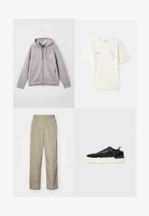 Sweatshirt cinzenta com fecho éclair, feita de tecido suave, apresentando um fecho central, bolsos frontais, capuz com cordão e um pequeno logótipo no peito.; T-shirt de algodão branca com mangas curtas, apresentando o texto "United By Rhythm" em gráfico preto e azul no peito. Design de gola redonda.; Calças leves em bege com um corte relaxado, apresentando uma cintura elástica e bolsos laterais. O tecido parece texturizado e ligeiramente amarrotado.; Sapata preta feita de malha e couro, apresentando uma sola branca grossa e detalhes contrastantes. Cadarços e detalhe do logótipo na lateral.