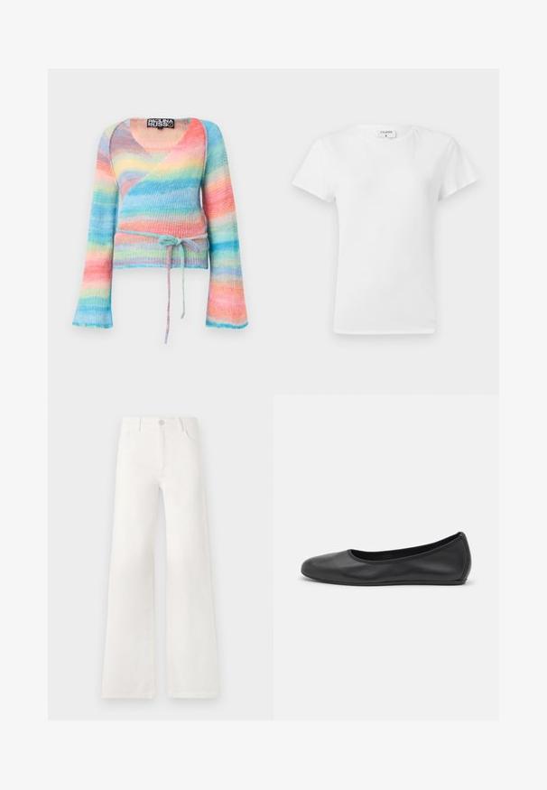 Monivärinen kietaisuneule, jossa on pastellivärisiä raitoja sinisessä, vaaleanpunaisessa ja keltaisessa, valmistettu pehmeästä, tekstuurista kankaasta, jossa on liehukkeet.; Valkoinen puuvillapaita, jossa on pyöreä kaula-aukko ja lyhyet hihat, rento malli ja minimalinen muotoilu. Tuotetunnus näkyvissä kaulassa.; Valkoiset, korkeavyötäröiset ja leveälahkeiset farkut, jotka on valmistettu denimkankaasta. Ominaisuuksiin kuuluu napp closure, kaksi etutaskua ja sivusaumojen ompeluyksityiskohdat.; Musta nahkainen ballerina, jossa on pyöristetty kärki, sileä pinta, minimaalinen ommelkoristelu ja joustava pohjamuotoilu.