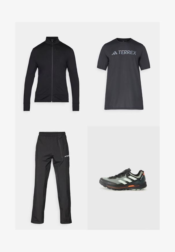 Lagani crni zip-up kaput s visokim ovratnikom, dugim rukavima i glatkom teksturom. Ima minimalistički dizajn s suptilnim detaljima šivanja.; Crna majica kratkih rukava od lagane tkanine, koja ima svijetlosivu oznaku "TERREX" preko prsa i okrugli izrez.; Crne lagane vanjske hlače s elastičnim pojasom, džepovima na patentni zatvarač i otiskom logotipa. Glatka tekstura i kroj ravnih nogavica.; Lagana trail trkačka cipela s gornjim dijelom od sive i crne mrežice, narančastim akcentima i robusnom potplatom za prianjanje. Vodootporna Gore-Tex podstava.