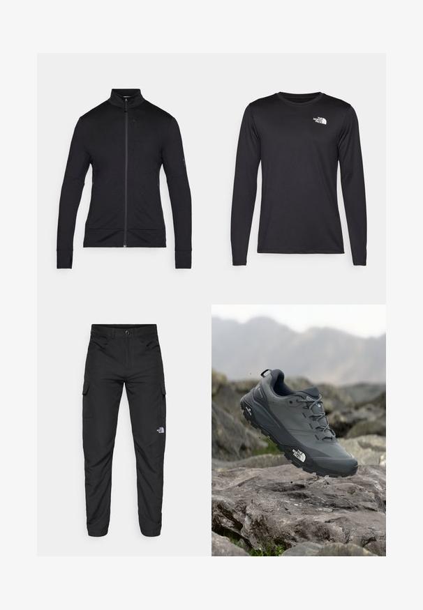 Giacca nera leggera con zip, colletto alto, maniche lunghe e una texture liscia. Presenta un design minimale con dettagli di cucitura sottili.; T-shirt da performance a maniche lunghe nera realizzata in tessuto leggero, con un logo bianco sulla parte superiore sinistra del petto. Texture liscia.; The North Face HORIZON PANT - Pantaloni outdoor - black; Scarpa da trail running grigia con tomaia testurizzata, suola in gomma resistente e punta rinforzata. Presenta lacci e logo del marchio sul lato.
