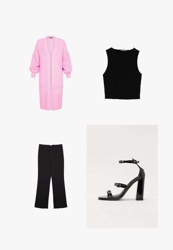Dlouhý růžový pletený kardigan s volným střihem, spadlými rameny, žebrovanými manžetami a dvěma předními kapsami. Design s otevřeným předním dílem bez zapínání.; Černý bezsleeve crop top vyrobený z hladké tkaniny, s kulatým výstřihem a čistým, jednoduchým designem bez vzorů nebo kovových doplňků.; Černé kalhoty s rovným střihem, s předními kapsami a bočními rozparky na lemu. Vyrobené z jemné, hladké tkaniny. Vhodné na různé příležitosti.; Černé lakované sandály na podpatku se čtveratou špičkou, lýtkovými pásky a stříbrnými přezkami. Disponují masivním blokovým podpatkem pro stabilitu.