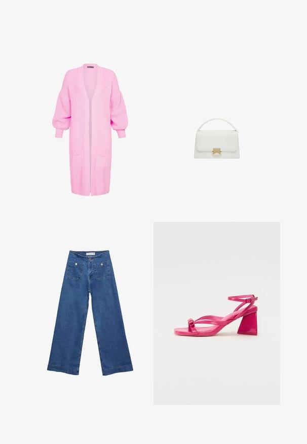 Dolgi roza pleteni kardigan s širokim krojem, spuščenimi rameni, rebrastimi manšetami in dvema sprednjima žepoma. Odprt spredaj brez zapenjanja.; Svetlo roza kratkotrajna majica s kratkimi rukavi, izdelana iz gladkega bombaža. Ima okrogel izrez in sproščen kroj s ravno obrobo.; Jeans širokih nogavic iz denima z medenim modrim pranjem, dvema sprednjima žepoma z gumbnimi zaprtji in šivanjem ob robovih.; Roza lakasta usnjena sandala na peto s kvadratnim prstom, ozkimi trakovi in geometrijsko blok peto. Ima značilen zaponko na traku.; Bela usnjena torbica s strukturirano zasnovo, ki ima ročaj na vrhu in zaponko v zlatem tonu. Gladka tekstura in minimalistični detajli.