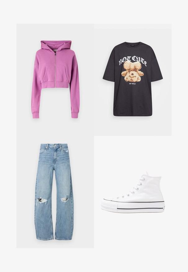 Κοντοκομμένος ροζ φούτερ με μπροστινό φερμουάρ, μακριά μανίκια, δύο μπροστινές τσέπες και κουκούλα με κορδόνι από απαλό βαμβακερό μείγμα.; Μαύρη oversized μπλούζα με γραφικό ενός αρκούδου και το κείμενο "ΟΧΙ ΓΛΥΚΊΣΤΙΚΗ ΑΛΛΆ ΑΓΡΙΑ" σε έντονη λευκή γραφή. Υφασμά από βαμβάκι.; Ανοιχτόμπλε, ψηλόμεσα τζιν φτιαγμένα από τζιν ύφασμα. Διαθέτουν φαρδιές καμπάνες, δύο σκισμένα γόνατα και κλασικό στιλ πέντε τσεπών.; Λευκό ψηλό καμβαδάκι αθλητικό παπούτσι με μαύρη καουτσούκ σόλα, πρόσθιο καουτσούκ καλύμματος δακτύλου και έξι οπές για κορδόνια, με μια καθαρή και μίνιμαλ σχεδίαση.
