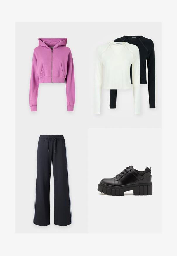 Izgriezta rozā kapuce ar priekšējo rāvējslēdzēju, garām piedurknēm, divām priekšējām kabatām un regulējamu kapuci, kas izgatavota no mīksta kokvilnas maisījuma.; Divi garie piedurknēm, viens baltā un otrs melnā krāsā. Abiem ir apaļi kakla izcirtņi un dekoratīvas rāvējslēdzēja detaļas plecu daļā. Gluda auduma.; Melnas platas bikses ar elastīgu jostasvietu un auklu. Iezīmējas ar zilām sānu svītrām un gludu, mīkstu tekstūru.; Melnas ādas platformas kurpes ar masīvu bloku papēdi, apaļu purngalu un tradicionālu saistīšanas dizainu. Izceļas ar gludu tekstūru un minimālu apdari.