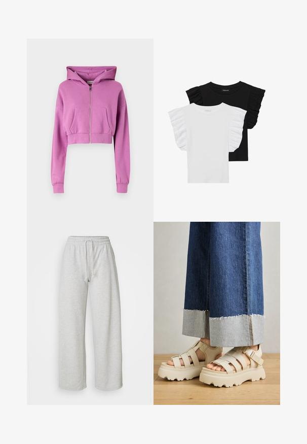 Beskuren rosa huvtröja med framtida dragkedja, långa ärmar, två framfickor och justerbar huva gjord av mjukt bomullsblandat tyg.; Två kortärmade t-shirts: en svart med volangärmar, en vit med volangärmar. Båda är tillverkade av lätt bomullstyg.; Even&Odd Petite Träningsbyxor - mottled light grey; Beiga plattformssandaletter med tjocka sulor har en remdesign och justerbara ankelremmar. Bärs med vida jeansbyxor, där ena fållen är trasig.