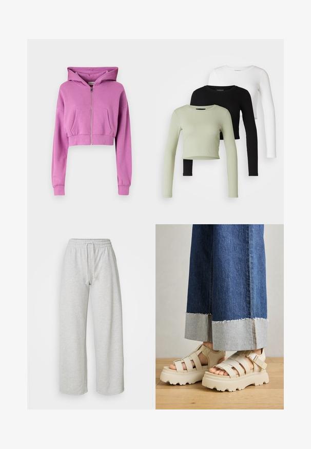 Rövidített rózsaszín kapucnis pulóver, elöl cipzárral, hosszú ujjal, két elülső zsebbel és húzózsinórral, puha pamut keverék anyagból.; Even&Odd Petite 3 PACK - Hosszú ujjú felső - black/white/light green; Even&Odd Petite Tréningruha alsók - mottled light grey; Beige platform szandál vastag talppal, pántos kialakítással és állítható bokapánttal. Széles szárú farmernadrággal viselve, az egyik szár vége rojtos.
