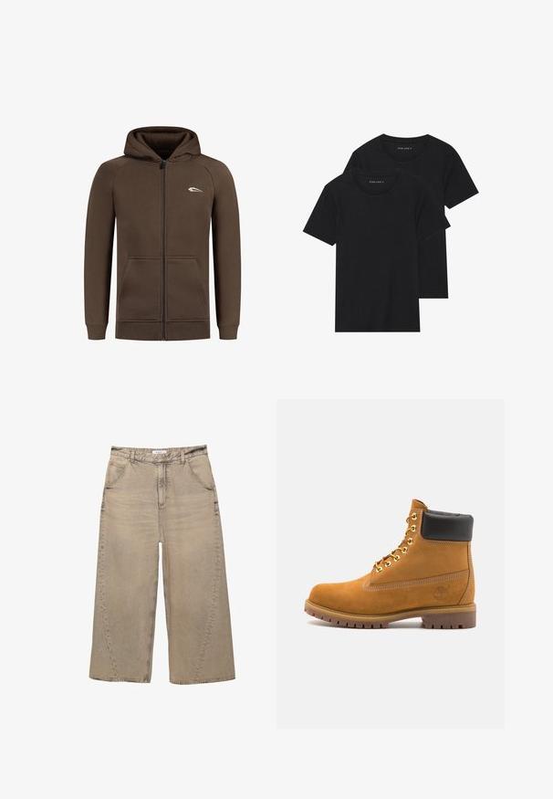 Sweatshirt zippé marron en tissu doux, avec capuche, poches avant, poignets côtelés et un petit logo blanc sur la poitrine.; Deux t-shirts en coton noirs à manches courtes, à encolure ronde et à texture lisse, présentés empilés l'un sur l'autre.; PULL&BEAR MEGA BAGGY - Jean baggy - light grey; Bottine en daim beige avec un col rembourré noir, œillets en métal doré, détails de surpiqûres blanches et semelle en caoutchouc robuste avec des crampons prononcés.