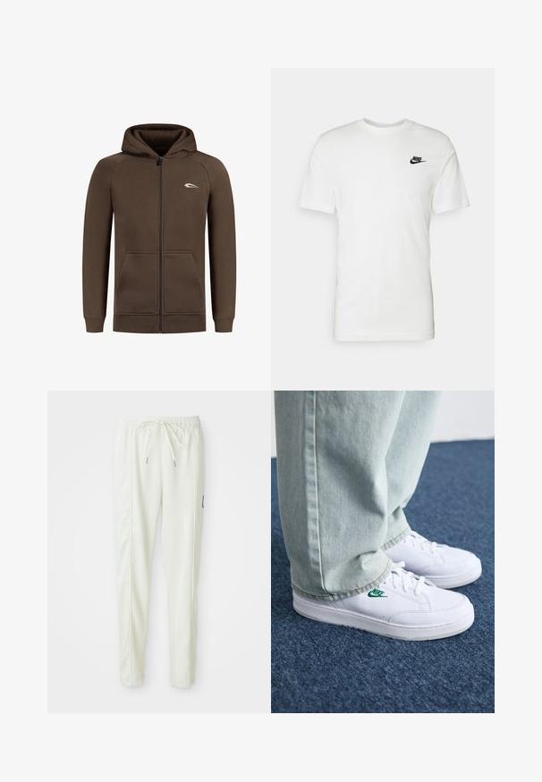 Brauner Zip-Hoodie aus weichem Material mit Kapuze, frontalen Taschen, gerippten Bündchen und einem kleinen weißen Logo auf der Brust.; Weißes Baumwoll-T-Shirt mit kurzen Ärmeln, rundem Halsausschnitt und einem schwarzen Nike-Logo auf der linken Brust. Glatte Textur und klassische Passform.; Weiße, körpernahe Jogginghose mit elastischem Bund und Kordelzug, ausgestattet mit seitlichen Nähten und einem kleinen schwarzen Patch am rechten Bein.; Weiße Leder-Sneaker mit grünem Nike-Logo, runde Zehenpartie, flache Sohle, kombiniert mit hellblauen Jeans, präsentiert auf einem blauen Teppich.