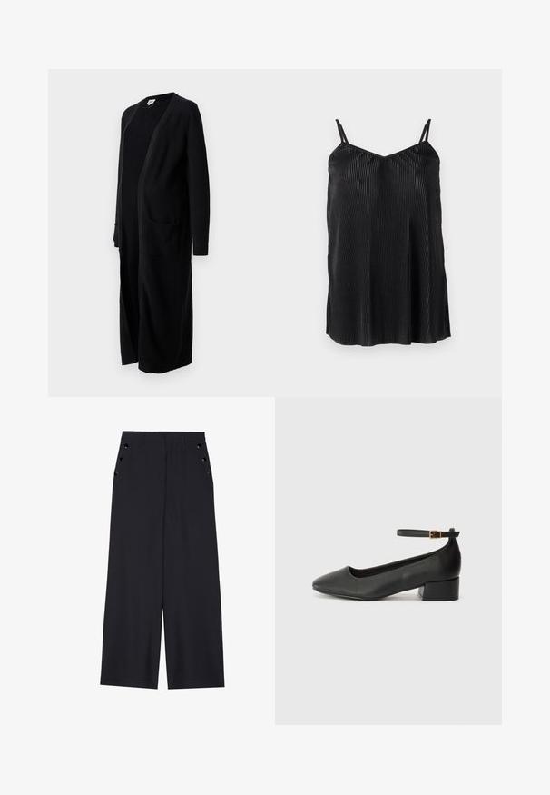 Schwarzer langer Cardigan aus weichem Strickstoff, mit offenem Vorderteil, langen Ärmeln und zwei vorderen Taschen. Einfaches Design mit gerippten Bündchen.; Schwarzes Trägertop mit dünnen verstellbaren Trägern, das vertikale Falten und eine glatte Textur aufweist, mit einem geraden Saum und lockerer Passform gestaltet.; Weite Hosen aus dunkelblauem Stoff mit einer glatten Textur, Vorderfalten und dekorativen goldfarbenen Ösen an den Seitentaschen.; Schwarze Lederpumps mit spitzem Zehenbereich und niedrigem Blockabsatz. Mit einem Knöchelriemen und einer goldfarbenen Schnalle. Glatte Textur.