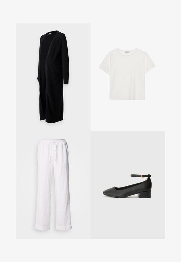 Zwarte lange cardigan van zachte gebreide stof, met een open voorkant, lange mouwen en twee voorzakken. Eenvoudig ontwerp met geribbelde manchetten.; Witte T-shirt met korte mouwen, gemaakt van zachte katoen. Heeft een ronde halslijn en een relaxte pasvorm. Schoon ontwerp zonder zichtbare patronen of accenten.; Witte linnen broeken met een losse pasvorm, elastische tailleband en trekkoord. Heeft rechte pijpen en opgerolde zoom voor een casual uitstraling.; Zwarte leren pump met een spitse neus en een lage blokhak. Beschikt over een enkelband met een goudkleurige gespsluiting. Gladde textuur.