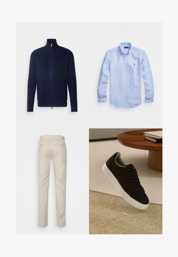 INDICODE JEANS Gilet - navy; Chemise à rayures bleues et blanches à manches longues en coton, dotée d'un col boutonné, de boutons sur le devant et d'un petit logo brodé sur la poitrine.; Pantalon beige avec une texture lisse, coupe droite, deux poches arrière avec boutons, et une taille standard.; Baskets noires avec semelle blanche flottant au-dessus d'un tapis texturé beige, près d'une table en bois ronde avec des livres empilés.