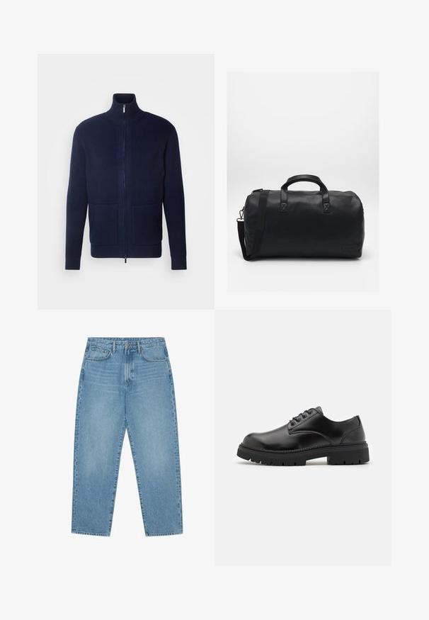 INDICODE JEANS Cardigan - navy; Set of five t-shirts in black, white, and navy blue. Cotton fabric, short sleeves, crew neck design, and plain texture with no patterns.; Light blue denim jeans with a straight-leg cut, five-pocket design, and a slightly faded texture. Features a button and zipper closure.; Black leather shoes with a rounded toe, lace-up design, and a thick, textured rubber sole. Features stitching along the edge and a smooth finish.; Black duffel bag made of textured synthetic material. Features two handles and an adjustable shoulder strap. Simple design with no visible patterns.