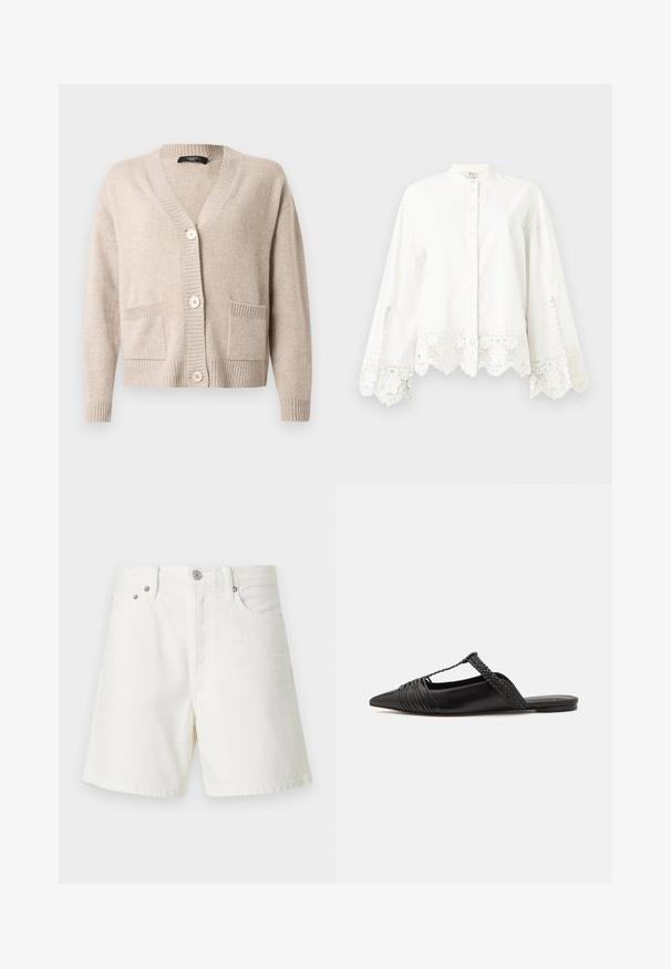 Cardigã bege de malha com decote em V, três botões grandes, mangas compridas, punhos e bainha canelados, e dois bolsos de remendo frontais.; Camisa branca de manga longa com botões, adornada com renda nas mangas e na barra, apresentando um colarinho mandarim e um delicado bordado decorativo.; Calções de ganga brancos, com corte reto, design de cinco bolsos, fecho frontal por botão, metal prateado e detalhes com costura.; Sapatilha slingback em couro preto com bico pontudo, apresentando um detalhe trançado e um design superior plissado. Sola plana com hardware mínimo.