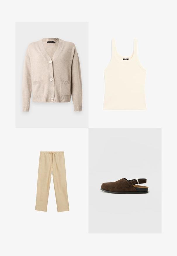 Beżowy sweter kardigan z dzianiny z dekoltem w serek, trzema dużymi guzikami, długimi rękawami, ściągaczami na mankietach i wokół dołu oraz dwoma naszywanymi kieszeniami z przodu.; Jasno beżowy top na ramiączkach wykonany z prążkowanego materiału, z okrągłym dekoltem i grubymi ramiączkami, o dopasowanym kroju i minimalnych detalach.; Jasnobeżowe, luźne spodnie z elastycznym pasem i sznurkiem do regulacji. Posiadają dwie boczne kieszenie i gładką teksturę.; Brązowy zamszowy but wsuwany z niskim obcasem, regulowanym paskiem z srebrną klamrą i czarną gumową podeszwą.