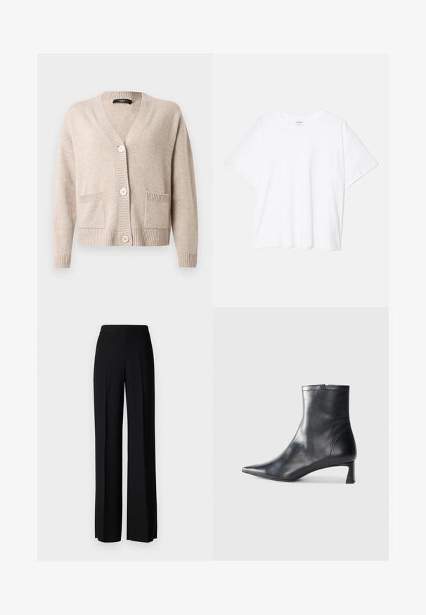Beige knitted cardigan with V-neck, three large buttons, long sleeves, ribbed cuffs and hem, and two front patch pockets.; White cotton t-shirt with short sleeves, round neckline, relaxed fit, and stitched hem. Label visible on the inside neck.; Black wide-leg trousers with a smooth texture, featuring a high waistband and center pleats. No visible patterns or hardware details.; Black leather ankle boot with a pointed toe and a sleek design. Features a low heel and a zipper closure at the back. Smooth texture.