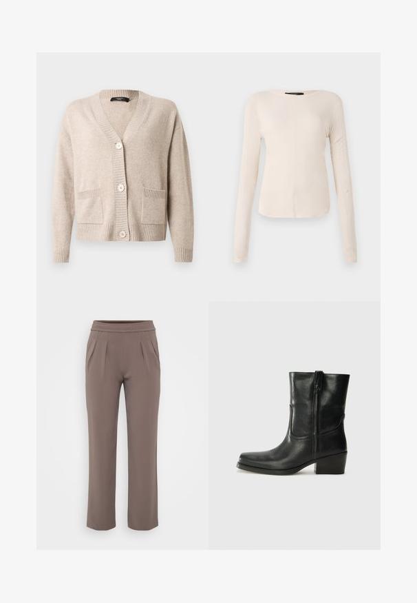 Cardigan beige lavorato a maglia con scollo a V, tre grandi bottoni, maniche lunghe, polsini e orlo a coste e due tasche applicate frontali.; Maglietta a maniche lunghe di colore beige chiaro con scollatura rotonda. Realizzata in tessuto morbido, presenta una cucitura centrale e un orlo leggermente curvato. Senza hardware visibile.; Pantaloni taupe a vestibilità ampia con elastico in vita e pieghe frontali, realizzati in tessuto morbido.; Stivale ankle in pelle nera con punta arrotondata, tacco a blocco, cerniera laterale e dettagli in cucitura sulla tomaia. Texture liscia, design classico.