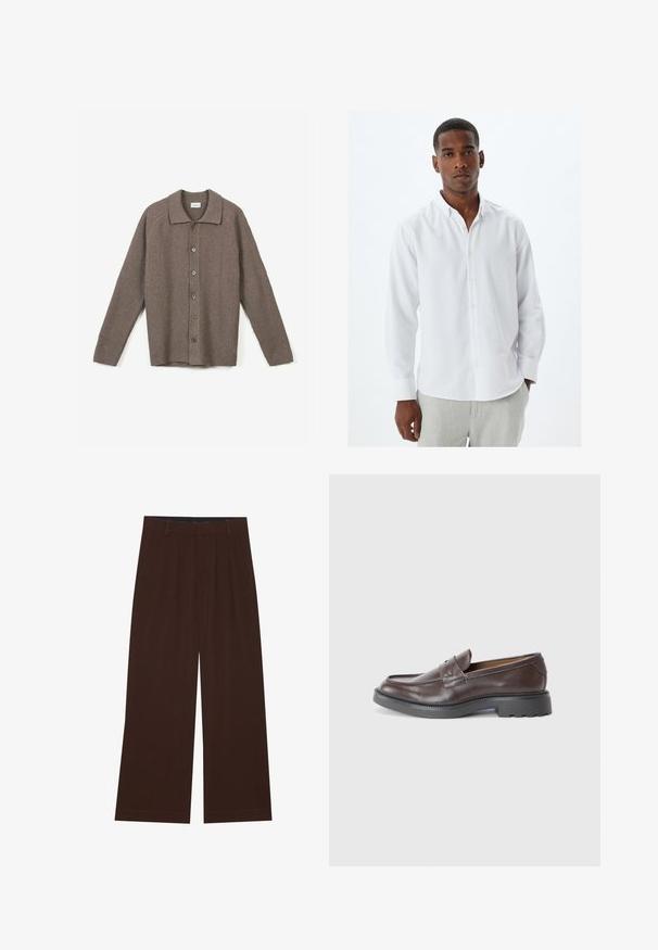 Ruskea ribbed-neuletakki, jossa on kauluskotelo, napitettavissa edessä ja pitkät hihat. Kankaan pinta on tekstuurinen ja malli on rento.; Valkoinen pitkähihaisten nappipaidan kauluksessa, jossa on sileä kangastekstuuri ja perinteinen nappilista. Yhdistetty vaaleanharmaisiin housuihin.; Ruske leve široke hlače z gubami. Narejene so iz gladkega blaga, z oblikovanim pasom in stranskimi žepi. Ravna obleka na dnu.; Ruske nahkalenkkarit, joilla on sileä pinta, pyöreä varvas, minimaalinen ommel ja paksu musta kumipohja. Ei näkyvää varustusta tai koristeita.