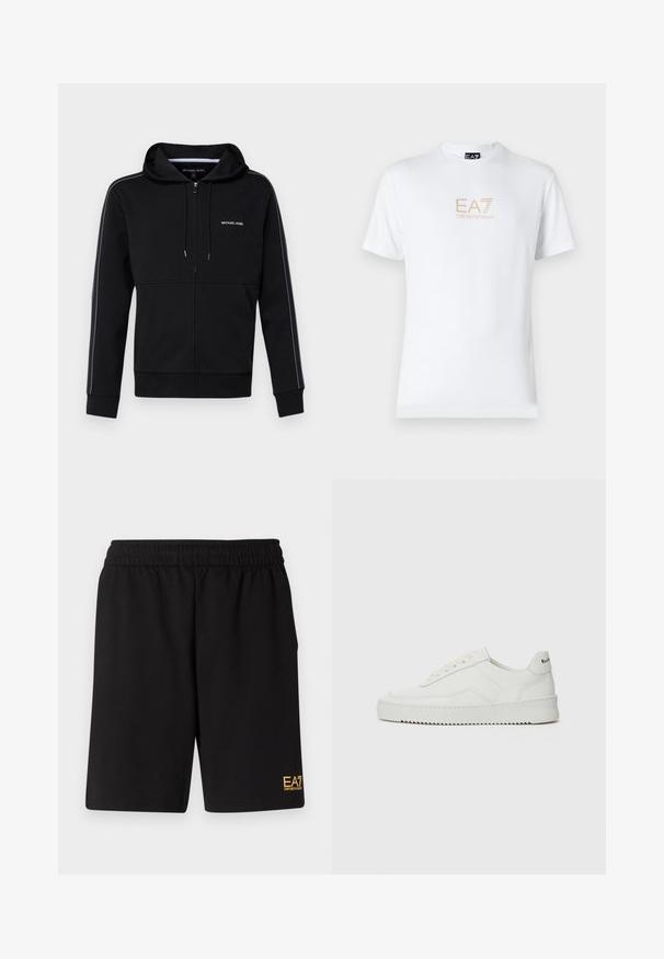 Felpa nera con zip realizzata in misto cotone, dotata di cappuccio con coulisse, logo bianco sul petto e strisce laterali a contrasto.; T-shirt bianco in cotone con scollatura rotonda e maniche corte, con il logo oro EA7 Emporio Armani stampato sul fronte.; Pantaloni sportivi neri realizzati in tessuto morbido, con vita elastica e un piccolo logo EA7 giallo sulla parte bassa della gamba sinistra.; Sneaker in pelle bianca con una finitura liscia, punta rotonda, lacci piatti e suola testurizzata. Presenta un logo discreto sul tallone.