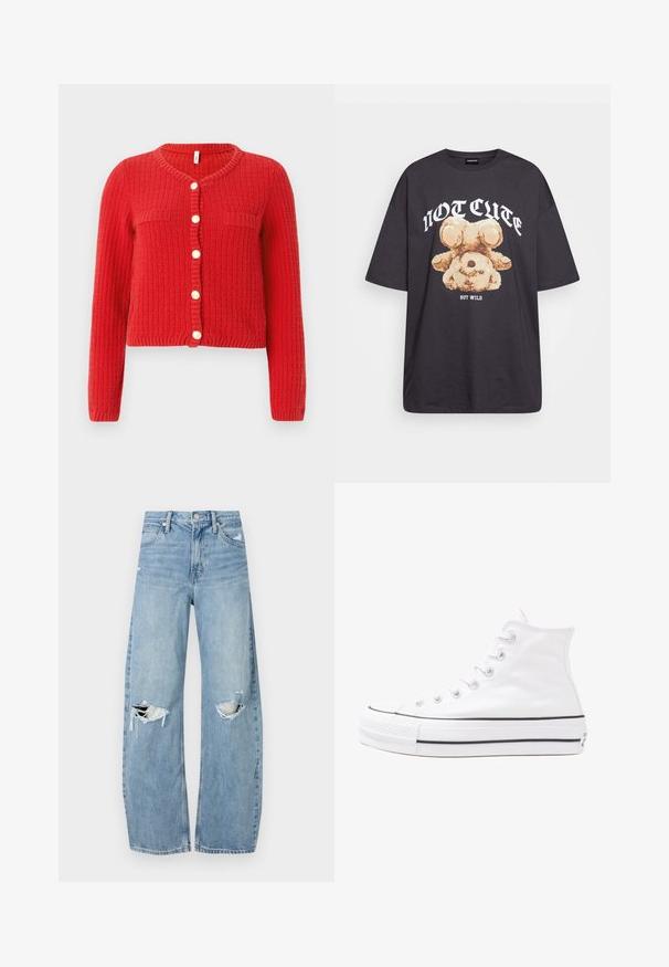 Red knitted cardigan with a round neckline, ribbed texture, two front pockets, and six round buttons at the front. Short, fitted style.; Black oversized t-shirt featuring a graphic of a bear with the text “NOT CUTE BUT WILD” in bold, white lettering. Cotton material.; Light blue, high-waisted jeans made of denim. Feature wide legs, two torn knee areas, and classic five-pocket styling.; White high-top canvas sneaker with black rubber sole, front rubber toe cap, and six eyelets for laces, featuring a clean, minimalist design.