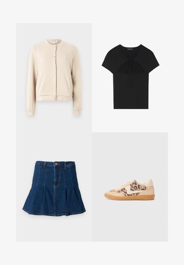 Bež kardigan z teksturo, ki vsebuje jatečni vzorec, okroglo ovratnico in šest sijočih gumbov spredaj, z elastičnimi manšetami in robom.; Črna majica s kratkimi rokavi in okroglo ovratnico, ki ima izrez in zavezan zaključek spredaj. Narejena iz mehke, lahke tkanine.; Jeanskrilo v temno modri barvi, s pregibno zasnovo, petimi žepi, sprednjim gumbom za zapiranje in kontrastnimi šivi.; Teniske s leopardjim vzorom z zgornjim delom iz bež semiša, rjavim gumijastim podplatom in belimi detajli. Okrogla konica in vezenje z vezalkami ter teksturirana površina.