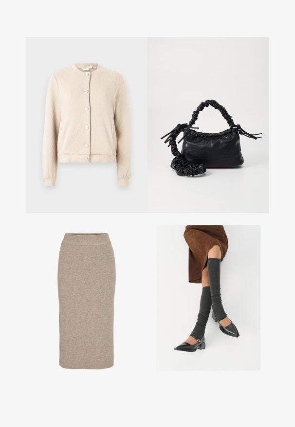Beidzis teksturēts kardigāns ar zīda rakstu, apaļu kaklu un sešām spīdīgām pogām priekšpusē, elastīgām aprocēm un apakšmalu.; Kopš topa no off-white adīšanas materiāla. Garas piedurknes ar ribu tekstūru un maziem izgriezumiem ap kaklu.; Trikotāžas zīmuļsvārki gaismas bēšā krāsā, ar ribotu tekstūru, augsto jostasvietu un šaura piegriezuma siluetu. Apmale krīt zem ceļgala.; Melnas laka ādas apavi ar norādītu purngalu, blokveida papēdi un potīšu jostu, saskaņoti ar pelēkām ribotām kāju sildītājām un brūnu zamšādas svārku.; Melnā mākslīgās ādas rokassoma ar krokodila rakstu, savilkta augšdaļa un saburzīta siksna. Izskatās mīksta un kompakta pēc dizaina.