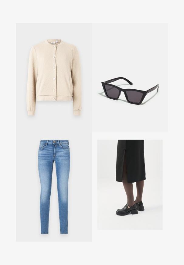 Béžový textured sveter s herringbone vzorom, okrúhlym výstrihom a šiestimi lesklými gombíkmi pozdĺž prednej strany, s elastickými manžetami a spodným okrajom.; Čierny rebrovaný rolák, krátke rukávy, priliehavý strih, jemná textura, minimálne švy a vysoký golier.; Úzke modré denimové džínsy s mierne zvýšeným pásom, predným gombíkom a dizajnom s piatimi vreckami.; Čierne kožené topánky s okrúhlou špičkou, silným blokovým opätkom a elastickými bočnými akcentmi, skombinované s tmavými pančuchami a čiernou sukňou so štiepením.; Čierne, ostré slnečné okuliare so sivými sklami; vyrobené z plastu, majú hrubé ramená s hladkým povrchom a bez viditeľnej mechaniky.; Zlaté kruhové náušnice s hladkým, lesklým povrchom. Cirkulárny dizajn s malým steblom a jasným záznamom pre bezpečné nosenie.
