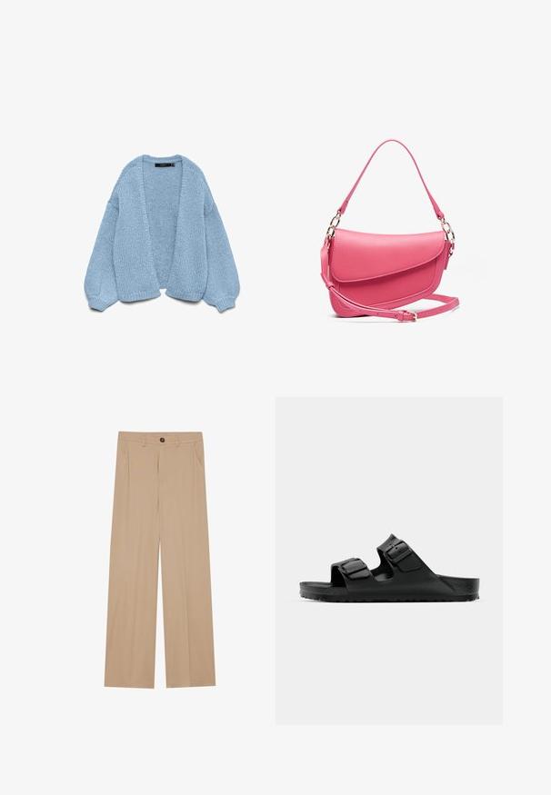 Cardigan de punto azul claro con un diseño de frente abierto, mangas de gran tamaño y puños acanalados. Textura suave y ajuste relajado. Sin botones ni cierres.; Tres sudaderas sin mangas en crema, gris y negro. Cada una presenta un cuello y un dobladillo acanalados, fabricadas con un material de punto suave.; Pantalones de pierna ancha color beige con una textura suave, que presentan dos bolsillos laterales, un cierre con botón en la parte delantera y pliegues sutiles para un detalle adicional.; Sandalias de goma negras con dos correas ajustables, plantilla texturizada y suela gruesa con relieve, que presentan un diseño minimalista.; Bolso de mano de cuero rosa con una forma estructurada, que cuenta con un cierre tipo solapa, correa ajustable y acentos de hardware en tono dorado. Superficie texturizada.