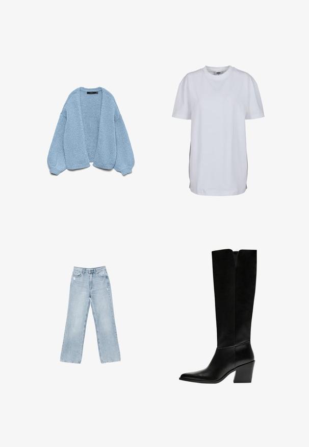Jasnoniebieski sweter z dzianiny z otwartym przodem, w oversize'owym stylu z szerokimi rękawami i prążkowanymi mankietami. Miękka faktura i luźny krój. Bez guzików ani zapięć.; Biała koszulka z krótkim rękawem z bawełny, z okrągłym dekoltem i luźnym krojem, bez widocznych wzorów czy grafik.; Jasnoniebieskie dżinsy o szerokim kroju, z wystrzępieniami, pięcioma kieszeniami oraz zapięciem na zamek błyskawiczny.; Czarne kozaki do kolan wykonane z gładkiej skóry, z ostro zakończonym noskiem, blokowym obcasem i wycięciem w kształcie litery V na górze.