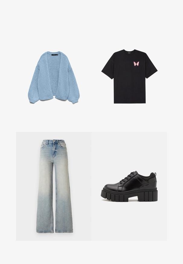 Gaiši zils adīts kardigans ar atvērtu priekšu, pārspīlētiem piedurkņu galiem un ribotām aprocēm. Mīksta tekstūra un brīva piegriezuma forma. Bez pogām vai aizdariem.; Melna kokvilnas T-krekls ar īsām piedurknēm, kuram priekšā kreisajā pusē ir neliels rozā tauriņa grafiskais attēls. Ar apaļu kaklu un brīvā stila piegriezumu.; Gai zilu platā kāja džinsi, kas izgatavoti no denima, ar augstu jostasvietu, piecām kabatām un redzamu dūrienu gar šuvēm.; Melnas ādas platformas kurpes ar masīvu bloku papēdi, apaļu purngalu un tradicionālu saistīšanas dizainu. Izceļas ar gludu tekstūru un minimālu apdari.