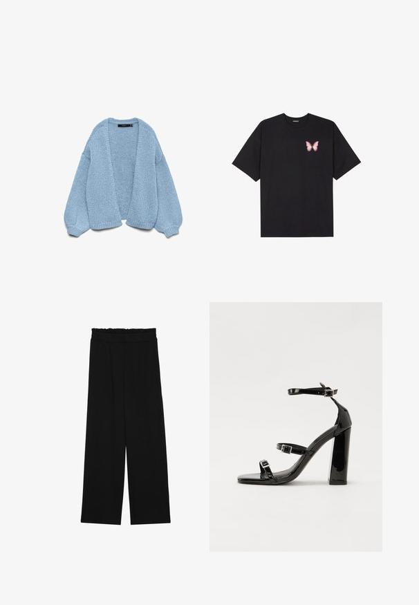 Gilet en tricot bleu clair à ouverture devant, avec des manches surdimensionnées et des poignets côtelés. Texture douce et coupe décontractée. Sans boutons ni fermetures.; T-shirt en coton noir à manches courtes, avec un petit graphique de papillon rose sur la poitrine gauche. Modèle à col rond avec une coupe décontractée.; Pantalons larges noirs à taille volante, dotés de deux poches latérales et d'un tissu lisse et léger. Pas de motifs ni de matériel visible.; Sandales à talons vernies noires avec un bout carré, des sangles autour de la cheville et des boucles en argent. Dotées d'un talon bloc épais pour plus de stabilité.