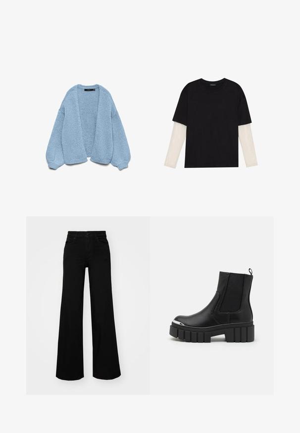 Himmelblauer gestrickter Cardigan mit offenem Vorderteil, übergroßen Ärmeln und gerippten Manschetten. Weiche Textur und lockere Passform. Keine Knöpfe oder Verschlüsse.; Schwarzes T-Shirt aus Baumwolle mit kurzen Ärmeln über einer weißen Langarmschicht, die ein dezentes strukturiertes Muster aufweist. Rundhalsausschnitt.; Schwarze weit geschnittene Hose aus Denim, mit einem strukturierten Bund, Gürtelschlaufen und Fronttaschen. Glatte Textur mit klassischem Design.; Schwarze Knöchelstiefel aus glattem Leder mit elastischen Einsätzen, einer dicken Plattformsohle und einer metallischen Zehenkappe.