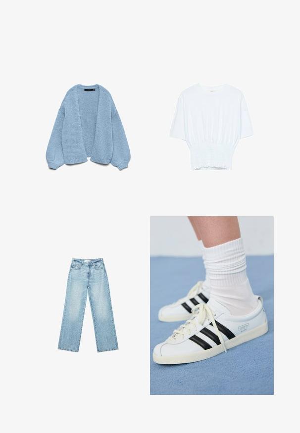 Gilet en tricot bleu clair à ouverture devant, avec des manches surdimensionnées et des poignets côtelés. Texture douce et coupe décontractée. Sans boutons ni fermetures.; T-shirt blanc à manches courtes avec une coupe décontractée et une texture froncée à la taille. Fabriqué en tissu doux et léger.; Jeans en denim bleu clair à jambe large avec une taille haute, présentant un délavage léger et de petits détails de déchirures éparpillés.; Baskets blanches en cuir avec des rayures noires, semelle crème et lacets clairs. Portées avec des chaussettes blanches côtelées, positionnées sur un fond bleu.