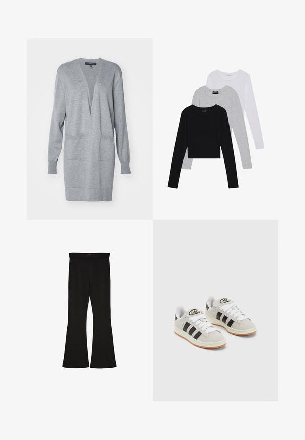 Cárdigan gris con un escote en V profundo, mangas largas y bolsillos frontales. Textura suave, diseño abierto y corte relajado.; Tres camisetas de manga larga apiladas: negra, gris y blanca. Cada una tiene un escote redondo y un diseño recortado con una tela suave y ligera.; Leggings negros de campana hechos de una tela elástica. Con una cinturilla ancha y una textura suave, presentan una silueta ajustada que se ensancha en el dobladillo.; Zapatillas de ante gris con cordones blancos, rayas negras y suela de goma blanca. Presentan un logo circular en la lengüeta y una suela de goma.