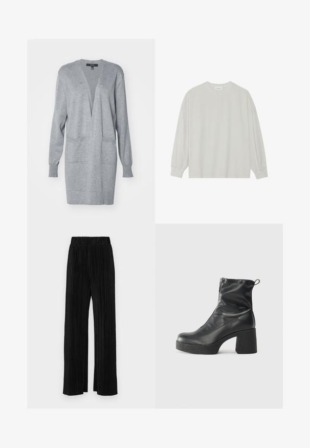 Szürke kardigán mély V-kivágással, hosszú ujjal és elülső zsebekkel. Puha tapintás, nyitott fazon és laza illeszkedés.; Világosszürke, hosszú ujjú póló, puha pamutból készült. Szabad, laza szabású, kerek nyakkivágással és finoman ráncolt mandzsettával rendelkezik. Nincs rajta minta vagy grafikák.; Fekete pliszírozott nadrág gumis derekkal. Széles lábakkal rendelkezik, sima, texturált anyagból készült, függőleges csíkokkal.; Fekete bokacsizmák sima bőrből, oldalsó cipzárral, vastag, texturált sarkú és lekerekített orrú dizájnnal.