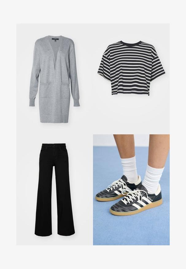 Gilet gris avec un décolleté en V profond, des manches longues et des poches avant. Texture douce, design ouvert et coupe décontractée.; T-shirt cropped à rayures en bleu marine et blanc. Manches courtes, encolure ronde, tissu doux avec des rayures horizontales et une coupe décontractée.; Pantalons large en denim noir, dotés d'une taille structurée, de passants de ceinture et de poches avant. Texture lisse avec un design classique.; Sneakers en cuir noir avec des rayures blanches, bout rond, lacets blancs et semelle en caoutchouc beige. Accentué par un col rembourré et des détails de marque.