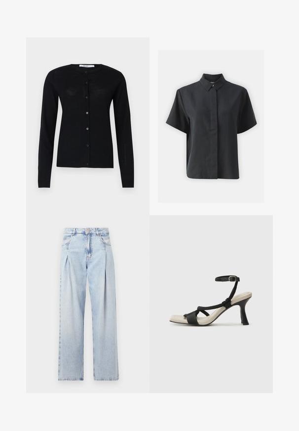 DAY Birger et Mikkelsen LUNA czarny; Czarna koszula z krótkim rękawem na guziki z klasycznym kołnierzykiem, wykonana z gładkiego materiału, charakteryzująca się prostym krojem i minimalistycznym wzornictwem.; Jasnoniebieskie dżinsy z wysokim stanem, szerokimi nogawkami, dwoma bocznymi kieszeniami oraz plisowanym wzorem. Miękka tekstura z wyblakłym wykończeniem.; Czarne sandały na obcasie z plecionym paskiem, kwadratowym noskiem i regulowanym paskiem na kostkę. Jasnobeżowa wkładka z błyszczącym czarnym obcasem.