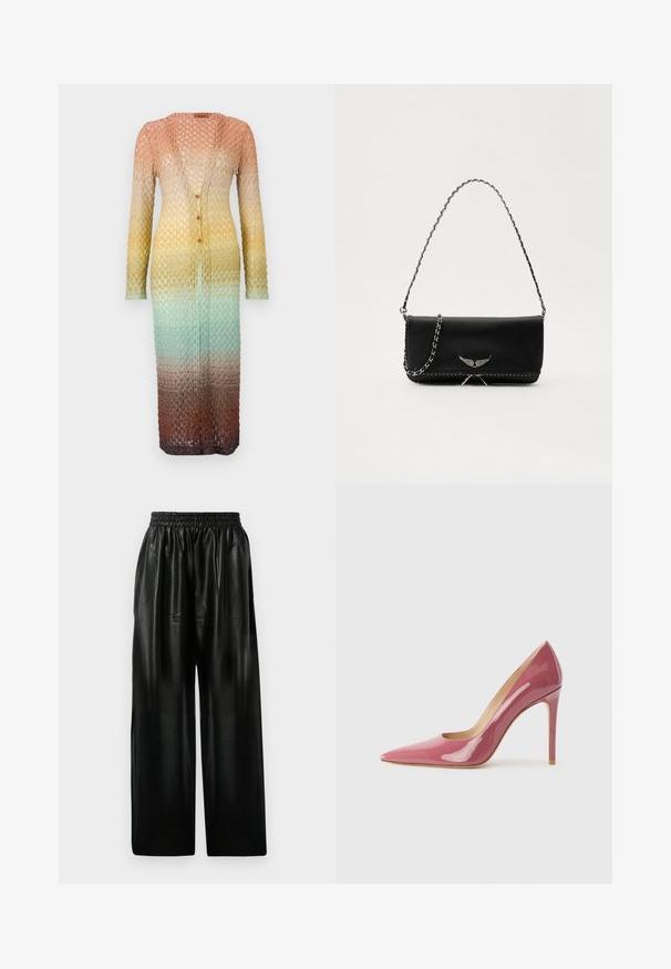 Cardigan de malha até ao joelho com um padrão ombre, transicionando de pêssego para amarelo e depois para azul-petróleo, com mangas longas e fecho de botão.; Blusa de manga longa de cetim branco com fecho de botão na frente, corte descontraído e design cropped que se funde com um fundo de bodysuit. Textura suave.; Calças largas de couro preto com cintura elástica, apresentando dois bolsos laterais e uma textura suave e brilhante.; Sapatilha de salto alto em couro patente rosa, com bico fino e silhueta elegante, apresentando um detalhe recortado e um salto agulha.; Saco de couro preto com uma alça de corrente prateada, apresentando ornamentos em forma de asas e costura branca ao longo da costura inferior.