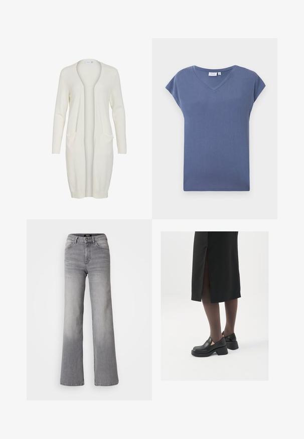 Cardigã longo branco feito de material suave, com decote em V, frente aberta, punhos canelados e dois bolsos frontais.; T-shirt de gola em V, de mangas curtas, numa cor azul suave, feita de um material de algodão macio com uma textura lisa e um corte descontraído.; Jeans de ganga cinzentos de cintura alta e corte reto, com botão e fecho à frente, bolsos dianteiros e traseiros, e desbaste nas coxas e panturrilhas.; Sapatos de couro pretos com bico arredondado, salto bloco grosso e detalhes elásticos laterais, combinados com meias escuras e uma saia preta com uma abertura.