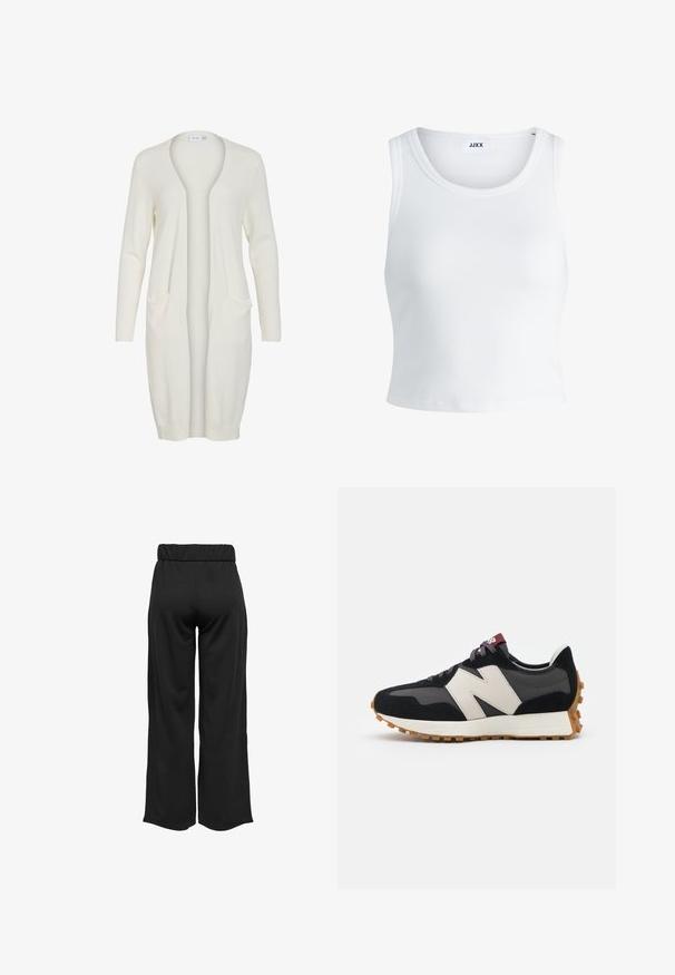 Cardigã longo branco feito de material suave, com decote em V, frente aberta, punhos canelados e dois bolsos frontais.; Top curto branco com nervuras, apresentando um decote redondo, design sem mangas e um comprimento cropped. Rótulo lê "JJXX." Textura de tecido suave.; Calças largas e pretas com uma cinta elástica, feitas de um tecido suave. Apresentam um design limpo, sem bolsos ou detalhes de costura visíveis.; Sneaker em camurça preta e cinza com um grande logótipo "N" creme, cordões roxos e uma sola de borracha texturizada em cor de goma.