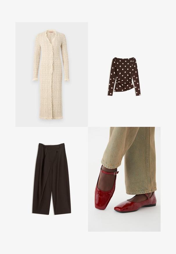 Cardigan lung bej, realizat dintr-un material tricotat texturat. Prezintă un margine desfăcută, închidere cu cinci nasturi și mâneci lungi.; Top lung cu mâneci lungi, de culoare maro, cu un decolteu rotund, având buline mari albe și detalii pliate la talie pentru un aspect ajustat.; Pantaloni largi de culoare maron închis, cu talie înaltă, având închiere cu un singur nasture și un față pliată. Confectionați dintr-un material ușor.; Pantofi din piele patent roșie cu vârf pătrat, toc mic și bretele la gleznă, asortați cu blugi largi de culoare verde deschis. Textură netedă, suprafață reflectorizantă.