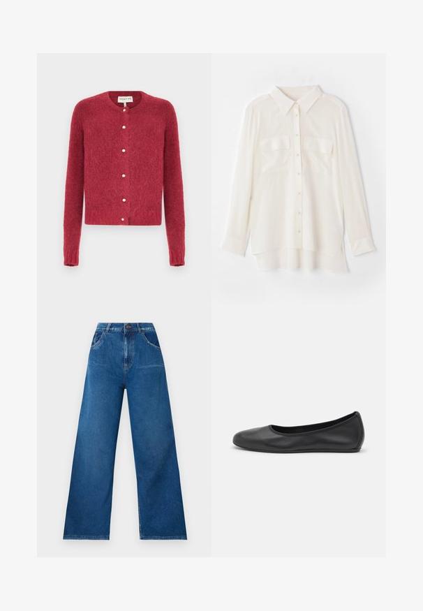 Piros, bolyhos kardigán hosszú ujjal, kerek nyakkivágással és gyöngygombokkal elöl. Puha tapintású, rövidített fazonú.; Könnyű anyagból készült fehér gombos ing. Klasszikus gallérral, két mellzsebbel, és enyhén hosszabb hátsó szegéllyel rendelkezik.; Sötétkék denim széles lábú farmer magas derekú fazonban, elülső és hátsó zsebekkel, valamint kontrasztos varrási részletekkel.; Fekete bőr balettcipő lekerekített orral, sima tekstúrával, minimális varrással és rugalmas talp kialakítással.
