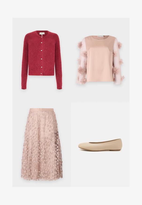 Piros, bolyhos kardigán hosszú ujjal, kerek nyakkivágással és gyöngygombokkal elöl. Puha tapintású, rövidített fazonú.; Világos rózsaszín felső, szatén testtel. Átlátszó ujjai szórt anyagvirágokkal díszítettek, amelyek textúrát és részleteket adnak. Kerek nyakkivágás.; Csipkés midi szoknya puha rózsaszínben, virágmintás hímzéssel, illeszkedő derékkal és réteges kialakítással, kiemelve a finom textúrát.; Beige bőr balettcipő lekerekített orral, minimális varrás részletekkel, alacsony sarkú és diszkrét logóval a hátsó részen. Simább, matt textúrájú.