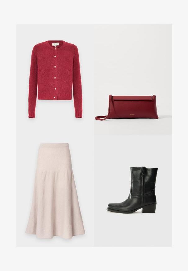 Piros, bolyhos kardigán hosszú ujjal, kerek nyakkivágással és gyöngygombokkal elöl. Puha tapintású, rövidített fazonú.; Fekete ujjatlan felső, vékony spagetti pántokkal, bordás anyagból készült, egyenes vonalú fazonnal, a nyakrészen "IVY OAK" felirattal.; Világos bézs színű, bővülő szoknya puha anyagból, magas derékkal és összegyűjtött szabással, áramló sziluettel.; Fekete bőr bokacsizma lekerekített orral, blokk sarkúval, oldalsó cipzárral és varrásos díszítéssel az elején. Simább textúra, klasszikus dizájn.; Piros bőr klutcs táska textúrázott felülettel, lapos hajtogatott tetejével és rövid pánttal. Diszkrét márkájú logó elöl.
