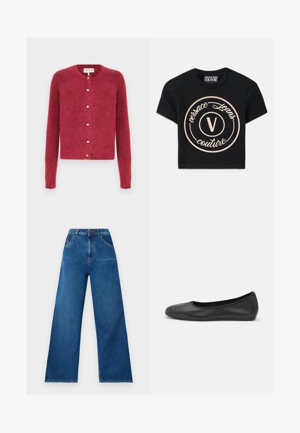 Red, fuzzy cardigan with long sleeves, round neckline, and pearl buttons down the front. Soft texture with a cropped design.; Black cotton t-shirt featuring a large beige circular logo with "Versace Jeans Couture" and a central "V" in an elegant font. Short sleeves.; Wide-leg jeans in dark blue denim with a high waist, featuring front and back pockets, and contrast stitching details.; Black leather ballet flat with a rounded toe, smooth texture, minimal stitching detail, and a flexible sole design.