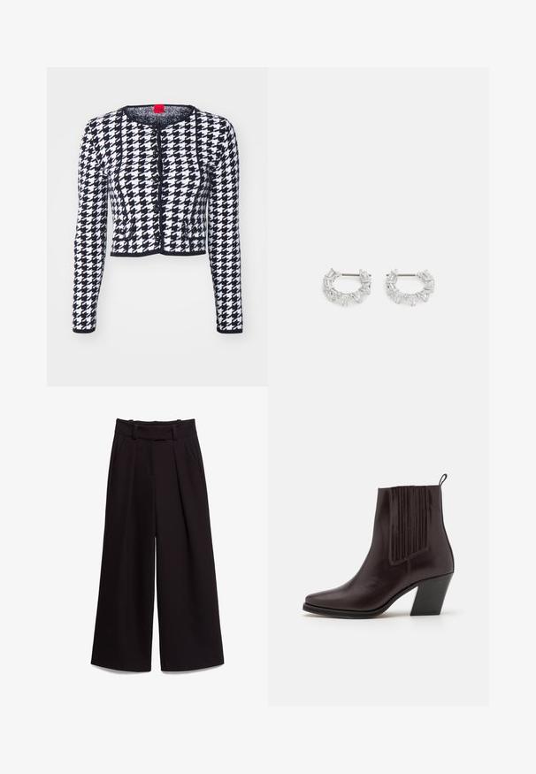 HUGO SORPER - Cardigan - black/white; White long-sleeve button-up shirt made of cotton. Features a classic collar and subtle branded embroidery on the chest. Smooth texture.; Black wide-leg trousers made of smooth fabric, featuring a high waist, belt loops, and two front pockets. Pleated design adds texture.; Dark brown leather ankle boot with a pointed toe, vertical ribbed detailing on the side, and a mid-height block heel.; Silver hoop earrings featuring clear, rectangular and triangular crystals arranged in a patterned design. Posts for secure fastening.