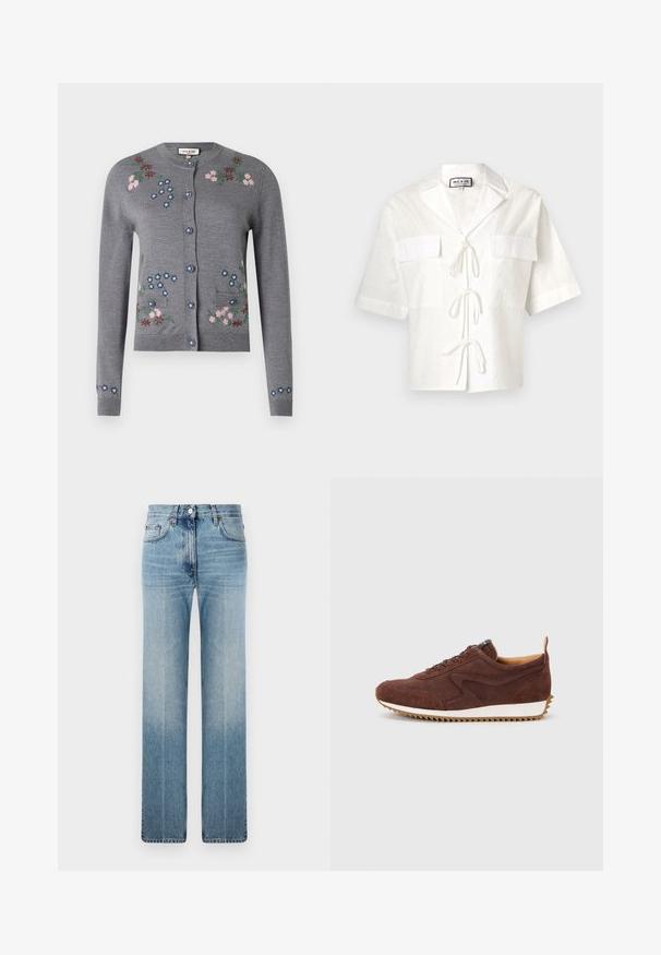 Siva pletena cardigan z izvezenimi cvetovi v roza, modri in zeleni barvi. Ima okroglo izreznico, zaponko na gumbe in dve sprednji žep.; Bela kratka majica s kratkimi rokavi in ovratnikom, ki ima dve sprednji žepi in zavezovanje na sredini. Tekstura tkanine z diskretnim vzorcem.; Svetlo modri ravni jeansi iz denima, z rahlim bledenjem, klasičnim pet-pocket oblikovanjem in kovinskim gumbom za zapiranje v pasu.; Rjavi semišni superge z nizkim profilom, ravnimi vezalkami in teksturiranim gumijastim podplatom, ki ima ostrimi konicami za boljši oprijem.