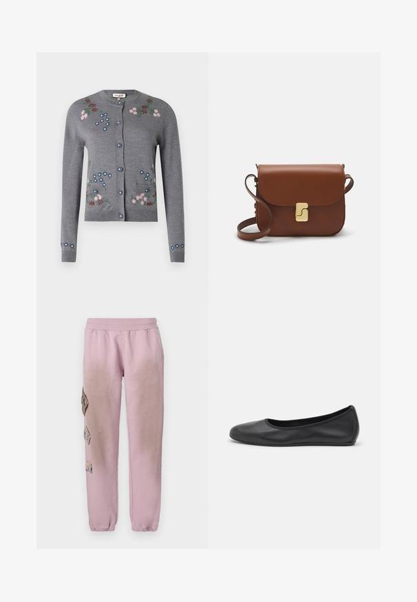 Cardigan grigio lavorato a maglia con fiori ricamati in rosa, blu e verde. Caratterizzato da un collo rotondo, chiusura con bottoni e due tasche frontali.; T-shirt bianca a maniche corte realizzata in tessuto a costine. Collo rotondo, vestibilità regolare e dettagli di cucitura sottili. Senza motivi o grafiche.; Pantaloni della tuta rosa con vita elastica, caratterizzati da toppe decorative a forma di diamante sul lato sinistro e polsini elastici alle caviglie.; Pantofole da balletto nere in pelle con punta arrotondata, texture liscia, dettagli di cucitura minimi e design con suola flessibile.; Borsa a tracolla in pelle marrone con chiusura a pattina, hardware color oro, tracolla e una finitura liscia. Forma rettangolare compatta.
